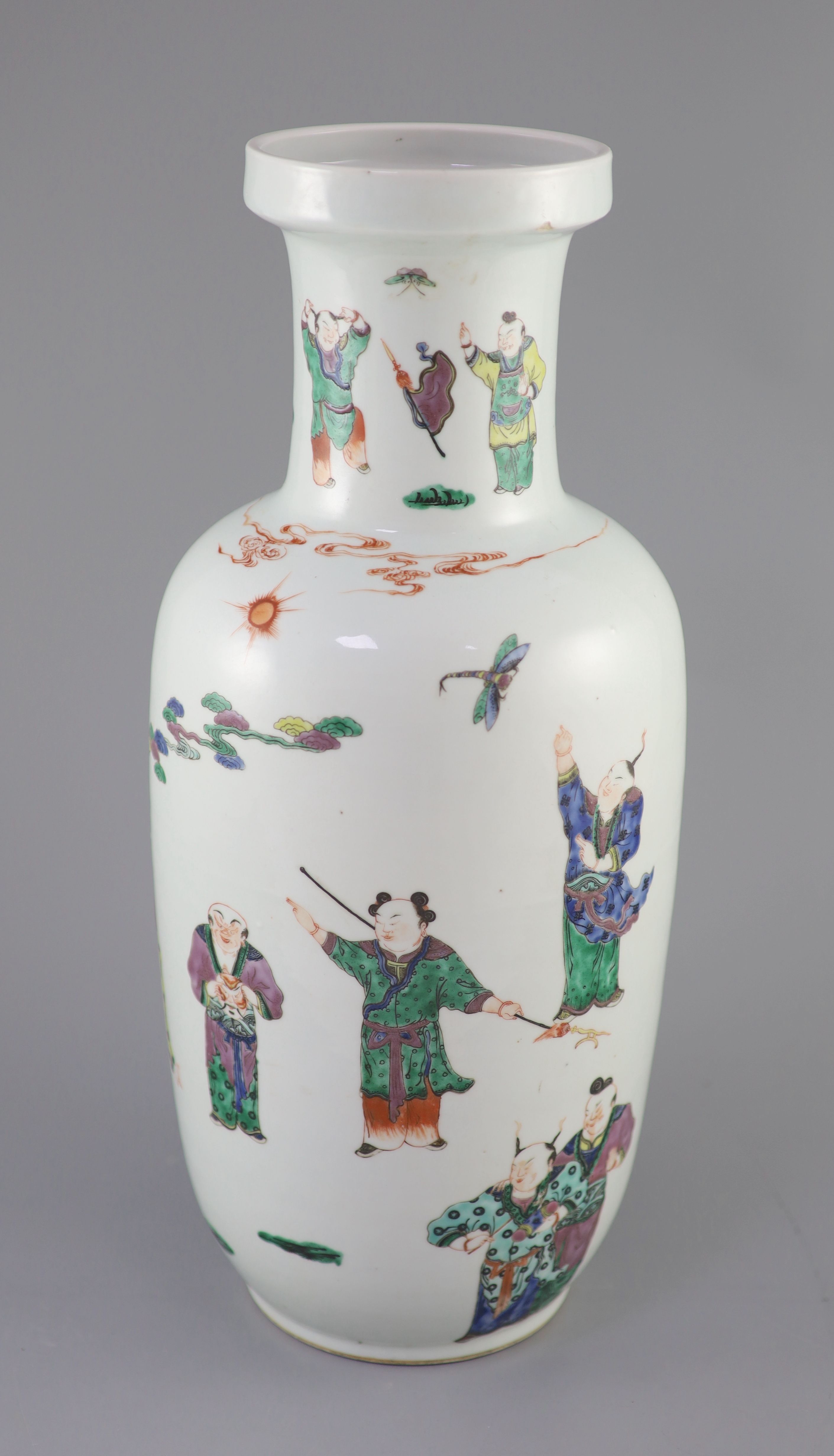 A large Chinese famille verte boys rouleau vase, 19th century, 45cm high